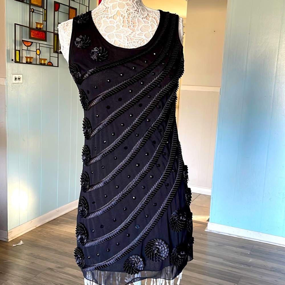 NWT Guo Heng black floral embellished stretchy dress